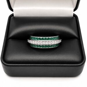 925 Sterling Silver Green & White CZ Eternity Spinner Band Ring Size 6 or 7